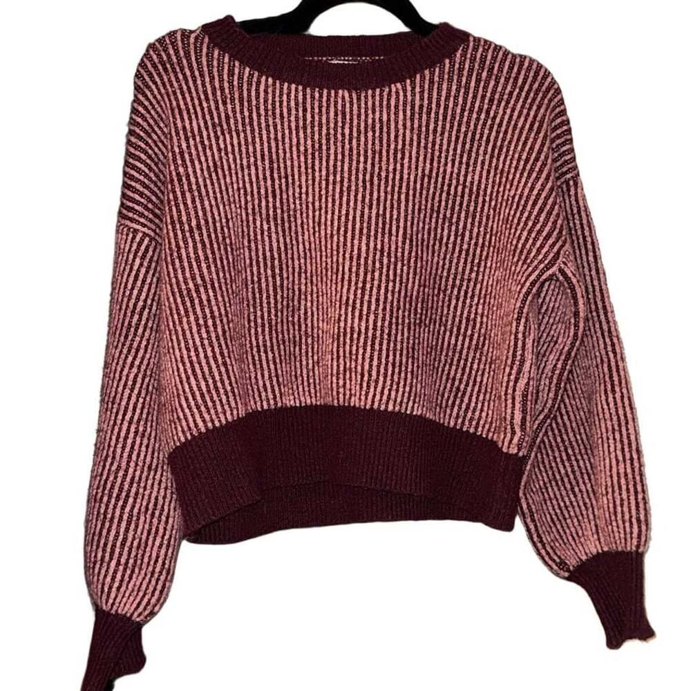 Dreamers by Debut Pink Burgundy Ribbed Cropped Balloon Sleeve Sweater S
